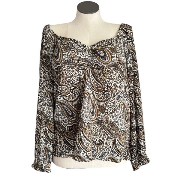 Michael Kors Womens Size 2X Blouse Paisley Print Long Sleeve Husk Tan Cream NWT - Picture 1 of 10